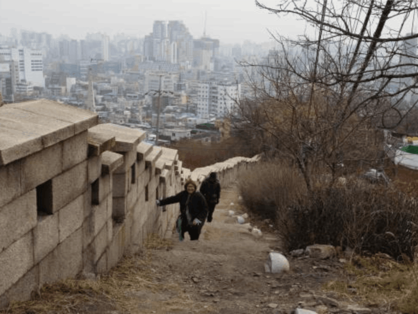 Walking up Seoul Wall for exercise. I didn't take this photo.