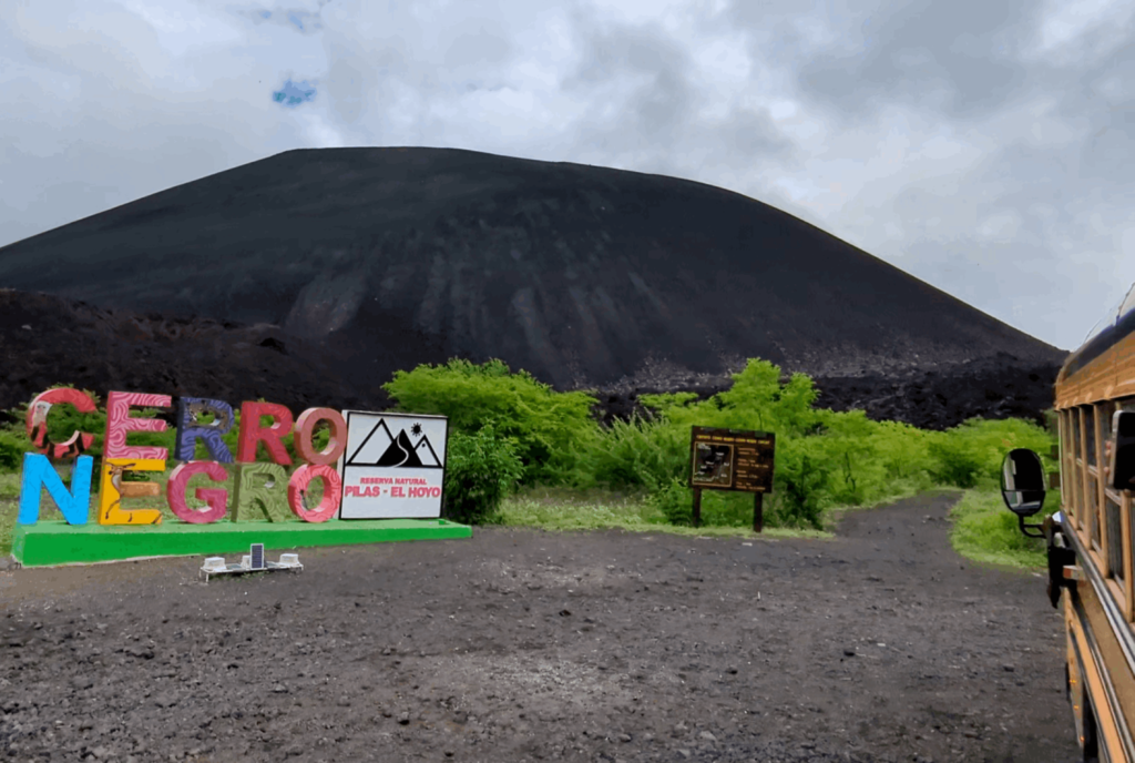 The bus approaching the volcano