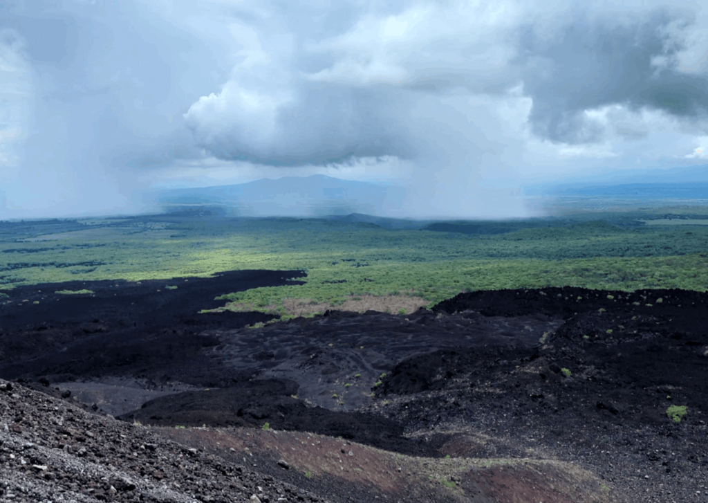 view of the old lava fields and the rain