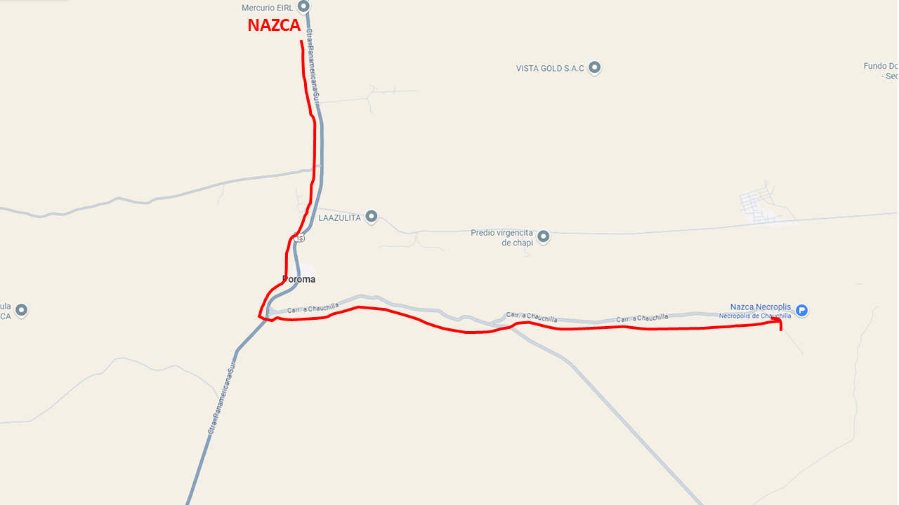 Route Map from Nazca to the Necropolis. Map showing the driving route from Nazca, Peru to Chauchilla Necropolis, marked in red along the Panamericana Sur and Carretera Chauchilla.