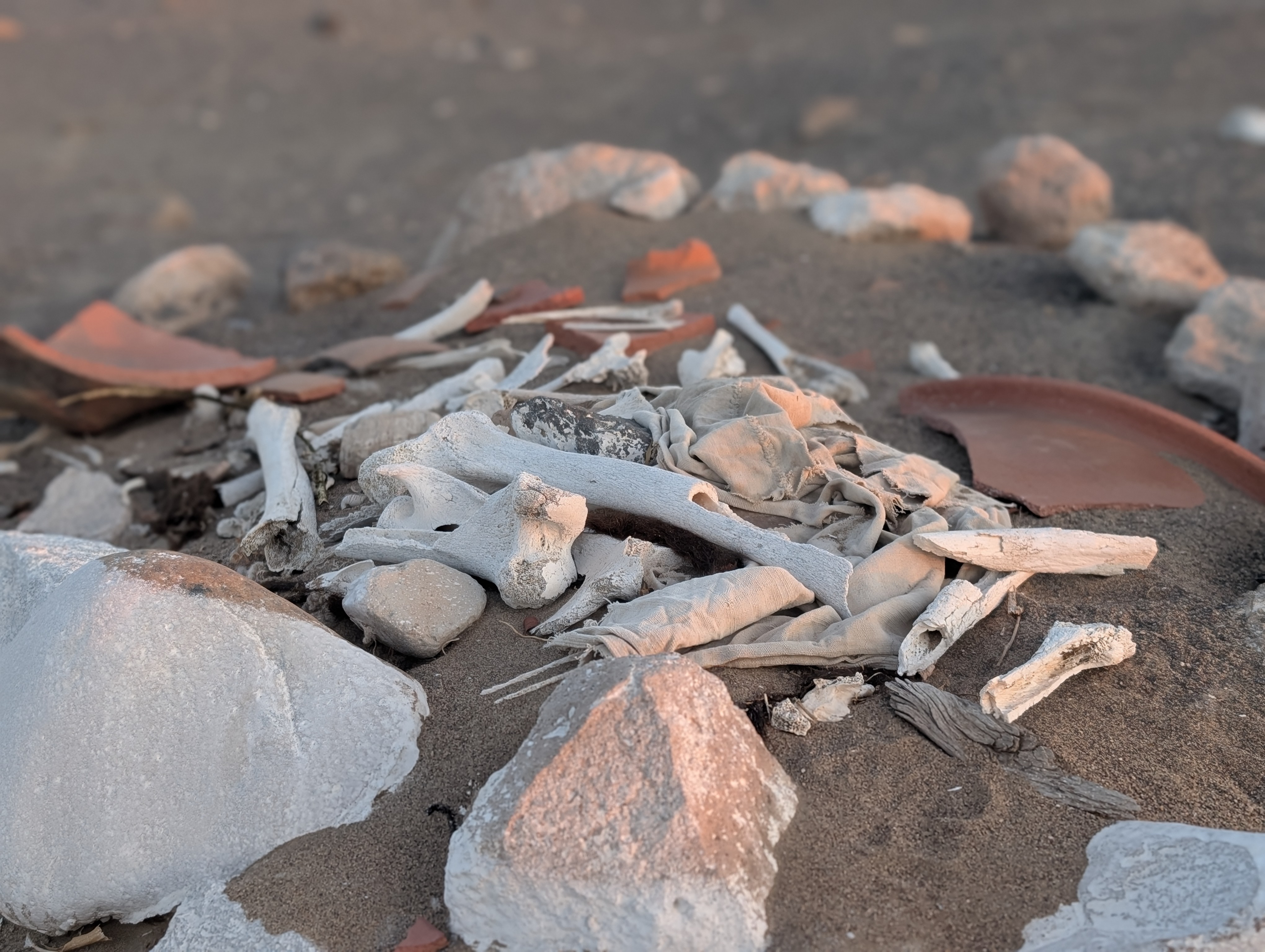 Scattered human bones, burial textiles, and broken pottery exposed on the desert surface at Chauchilla Necropolis near Nazca, Peru.