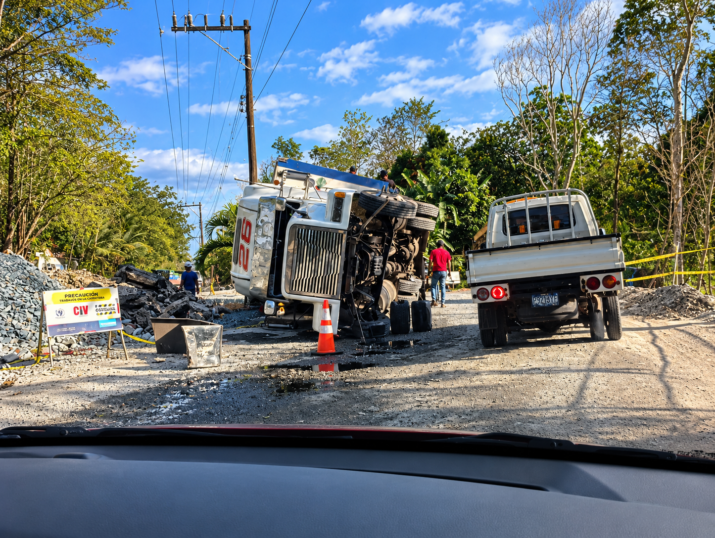 Beer truck cab lying on its side after the wreck that blocked our drive back to Guatemala City.