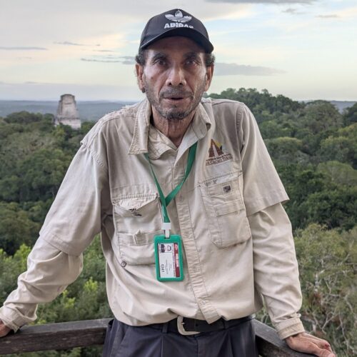 Guide Hector overlooking Tikal’s rainforest canopy and distant Temple I during our Tikal travel visit